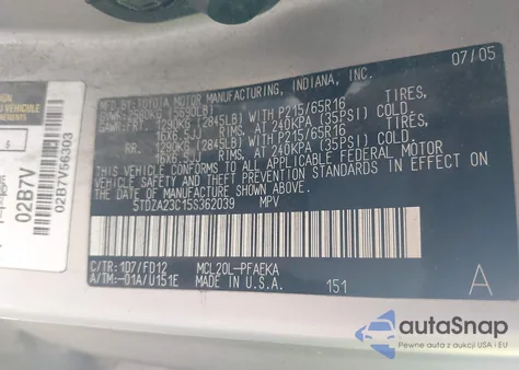 2005 Toyota Sienna Ce z USA, uszkodzony, nr VIN 5TDZA23C15S362039